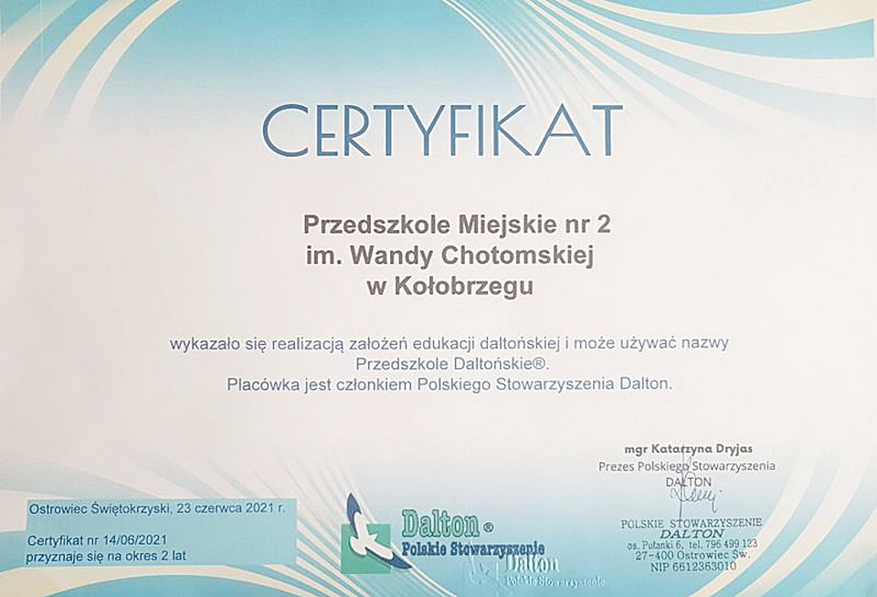 Certyfikat Przedszkola Daltońskiego